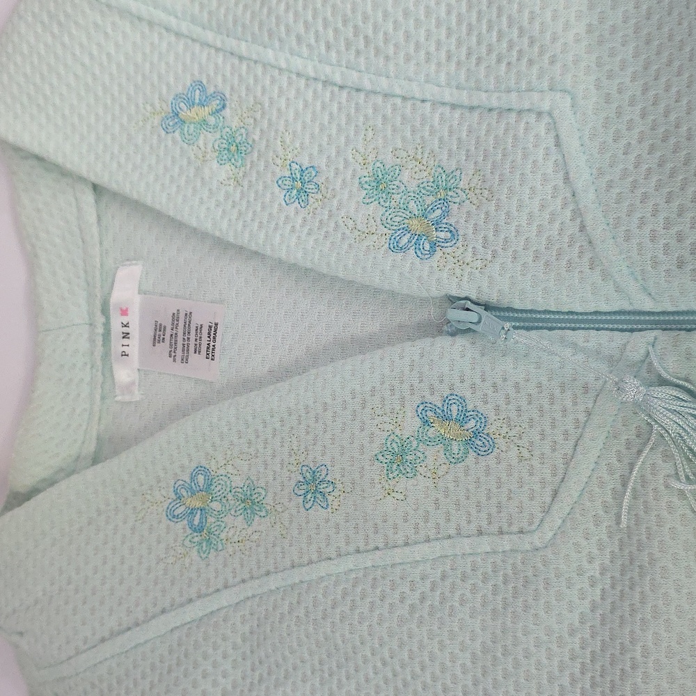 Vintage Mint Green Robe Lounge Knit Floral Embroidered Full Zipper Grandmacore